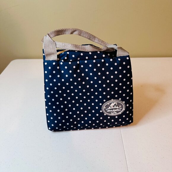 Small Blue Polka Dot Insulated Lunch Bag With Handles & Zipper Closure - Picture 8 of 11